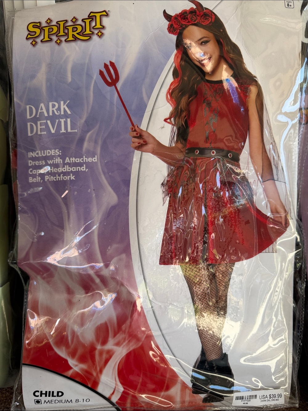 Spirit Girls Red Dark Devil Costume with Floral Headband and Pitchfork